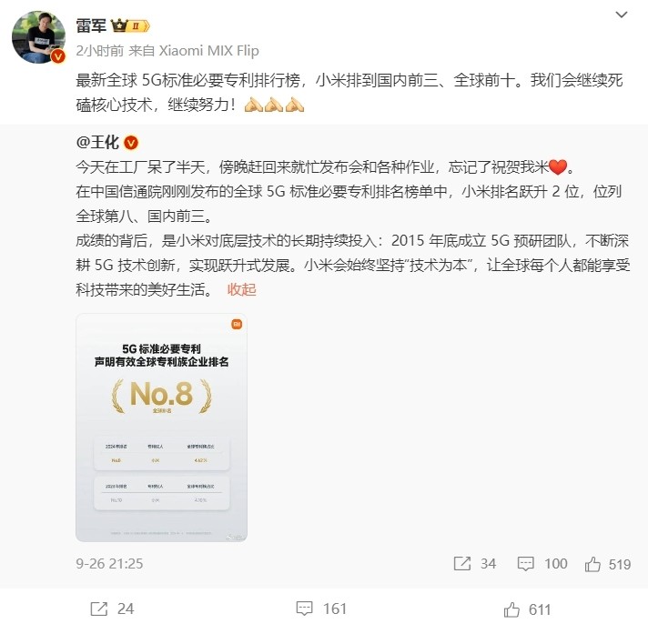 5G标准必要专利小米中国第三！仅次于华为中兴