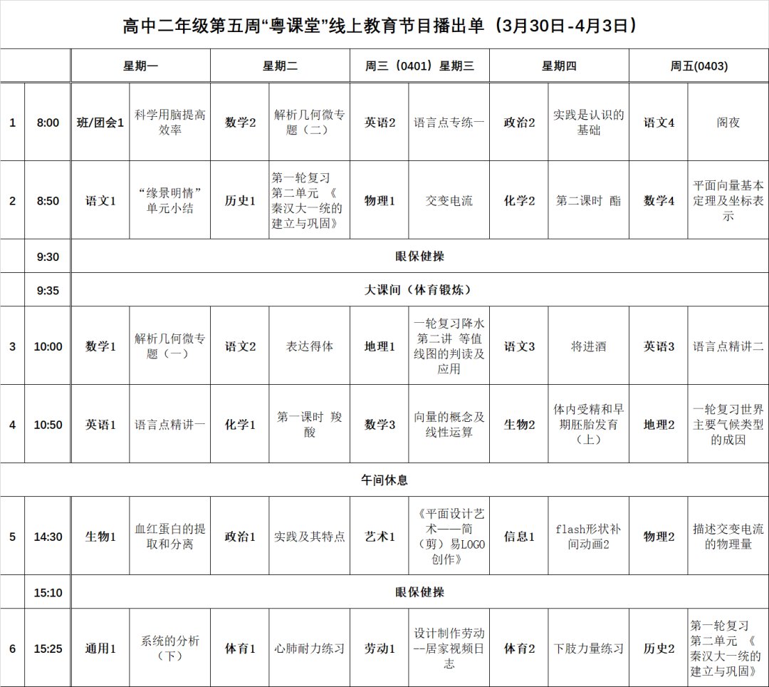 粤课堂线上教育第五周课程表（3月30日-4月3日)